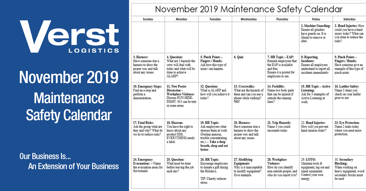 November 2019 Maintenance Safety Calendar